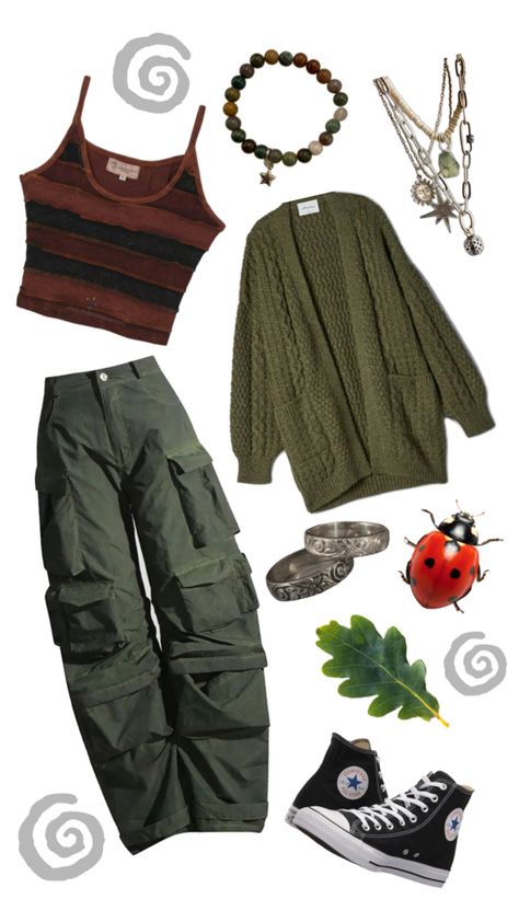 GREEN LEAF LADYBUG FIT Forestry Outfit, Plant Aesthetic Outfits, Frog Core Outfit, Studio Ghibli Fashion Aesthetic, Howl Inspired Outfit, Frog Aesthetic Outfit, Adventure Core Aesthetic Outfits, Nature Themed Outfits, Therian Fashion