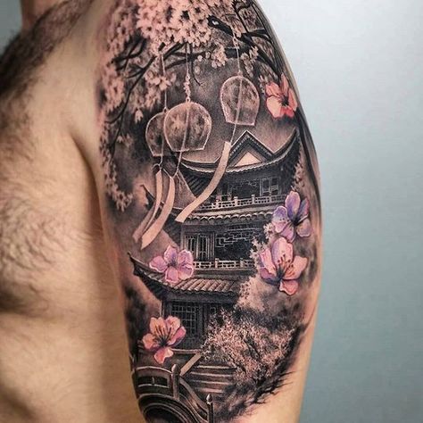 Chinese Palace x Cherry Blossoms By 💥 @carlesbonafe 💥 Traditional Japanese Temple Tattoo, Japanese Building Tattoo, Traditional Japanese Temple, Japanese Temple Tattoo, Building Tattoo, Guerriero Samurai, Temple Tattoo, Buddha Tattoos, Geisha Tattoo