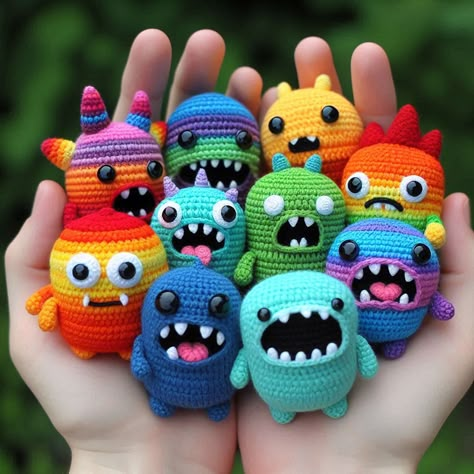 amigurumi rainbow of monsters just for inspiration its AI Crochet Pocket Monster, Monster Amigurumi Free Pattern, Cute Crochet Ideas Amigurumi, Easy Crochet Projects For Kids, Crochet Monster Pattern Free, It Amigurumi, Crochet Halloween Amigurumi, Cute Halloween Monsters, Rainbow Amigurumi