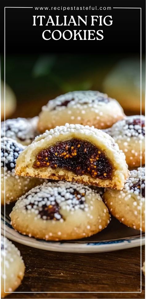 Italian Fig Cookies (Cucidati) are a traditional Italian treat filled with a rich mixture of dried figs, raisins, and walnuts, spiced with cinnamon, nutmeg, and cloves. The soft dough is rolled around the flavorful filling, baked until golden, and finished with a sweet glaze and festive sprinkles. These cookies are perfect for any occasion, especially during the holidays. Italian Fig Recipes, Filled Raisin Cookies, Fig And Walnut Cookies, Fig Filled Cookies, Prune Cookies Recipes, Tasting Table Recipes, Sun Dried Figs Recipes, Pheffernuese Cookies Recipe, Cucidati Italian Fig Cookies