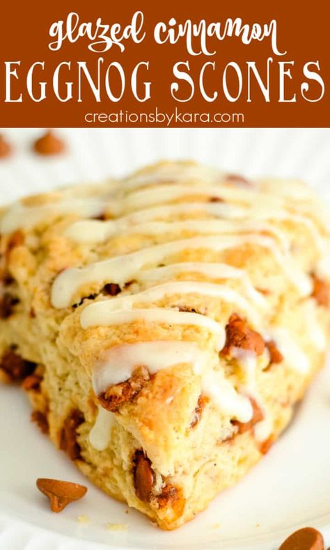 Recipe for Glazed Eggnog Scones - Loaded with cinnamon chips and topped with eggnog glaze, every bite of these scones is scrumptious! A perfect scone recipe for the holidays! #eggnogscones #cinnamoneggnogscones #holidaybaking #christmasrecipe #sconesrecipe -from creationsbykara.com Eggnog Scones Recipe, Spiced Scones, Eggnog Scones, Perfect Scones Recipe, Eggnog Glaze, Cinnamon Scones Recipe, Spiced Eggnog, Breakfast Christmas, Scones Recipe