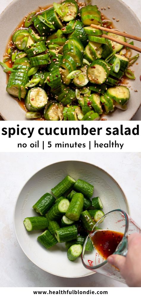 This Asian-inspired spicy cucumber salad recipe is light, refreshing, and healthy. It's packed with fresh ingredients like crisp accordion cucumbers, green onion, soy sauce, red chili flakes, garlic, and sesame oil. The perfect 5-minute side dish, appetizer, and snack! Spicy Cucumber Salad, Spicy Cucumber, Cucumber Salad Recipe, Cucumber Recipes Salad, Cucumber Recipes, Red Chili Flakes, Snacks Saludables, Green Onion, Chili Flakes