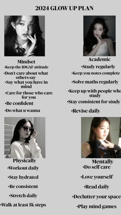 Woungyism Tips, 2025 Glow Up Plan, Wonyoungism Mindset, Glow Up Plan, Glowup Aesthetic, Daily Stretches, Millionaire Mindset Quotes, Flexibility Dance, Self Help Skills