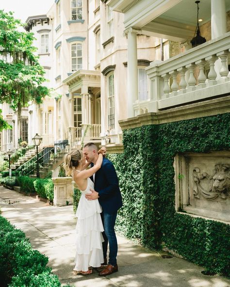 Anna + Andrew in downtown Savannah for their engagement session 🤍 less than a year from now I’ll be in Wisconsin photographing their wedding!! 🤩 Took a lil internet hiatus last week while I was shooting up in Pennsylvania, but we’re back in Savannah and editing is ✨almost✨ caught up! I have a (much needed) calm rest of August planned, and then September is right back into busy season! 🤘🏼 I liiiiive for the holidays and cannot wait for fall to officially begin. 🤍 . . . #savannah #savannahp... Savannah Georgia Photo Ideas, Savannah Georgia Photoshoot, Savannah Georgia Engagement Photos, Savannah Georgia Engagement Pictures, Savannah Ga Engagement Photos, Elopement Savannah Ga, Savannah Engagement Photos, Engagement Photos Savannah Ga, Savannah Wedding Photos