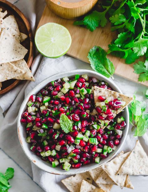 Pomegranate Recipes Healthy, Pomegranate Salsa, Savory Dips, Honey Lime Dressing, Pomegranate Recipes, Holiday Appetizer, Savory Appetizer, Fresh Salsa, Healthy Bites