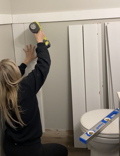 Half Bathroom Makeover with Vertical Shiplap Wall - Come Stay Awhile by Amanda Vernaci | Modern Farmhouse DIY + Home Renovation Waterproof Shiplap Bathroom, Vertical Shiplap Wall Bathroom, Half Bath Shiplap Wall, Small Bathroom With Shiplap, Half Shiplap Wall Bathroom, Shiplap Wall Vertical, Half Wall Shiplap, Farmhouse Half Bathroom Ideas, Half Shiplap Wall