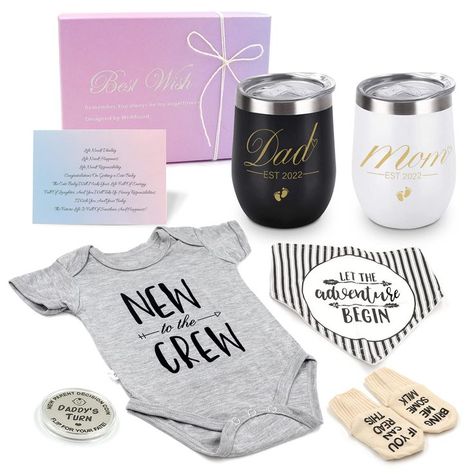 Pregnancy Gift, New Parents Gifts Mommy and Daddy Wine Tumbler Set with Lid Baby Onesie Socks Drool Bib Decision Coin (Est 2022) Gifts For First Time Moms, Creative Socks, Parents Gifts, Gender Neutral Colors, Gifts Mom, Drool Bib, Baby Gift Basket, Pregnancy Gifts, Gifts For New Parents