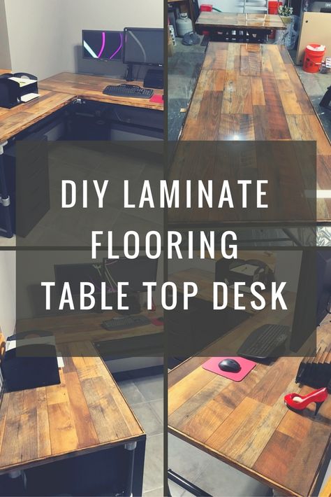 DIY Laminate Flooring Table Top Desk  #KeeKlamp #DIY #PipeDesk Vinyl Plank Table Top, Vinyl Plank Flooring Table Top Diy, Flooring Desk, Table Top Redo, Desk Top Ideas, Cottage Addition, Laminate Flooring Diy, Table Top Desk, Rustic Style Furniture