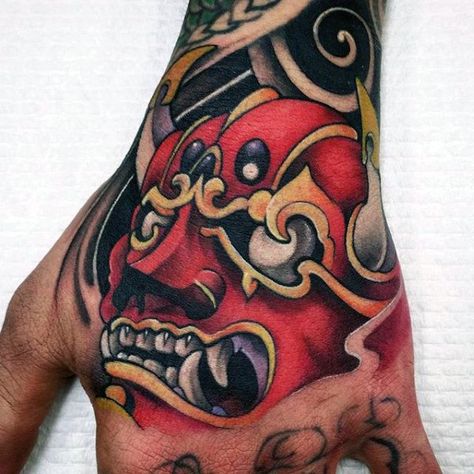 Red Hannya Mask Mens Hand Tattoos Hannya Maske Tattoo, Hannya Maske, Samurai Mask Tattoo, Masque Hannya, Japanese Hand Tattoos, Japanese Tattoos For Men, Hannya Mask Tattoo, Skull Hand Tattoo, Hannya Mask