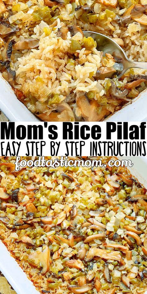 Why is this the best rice pilaf? Because it is my Mom's recipe. White rice cooks to perfection in the oven with just a few surprising ingredients. via @foodtasticmom Steakhouse Rice Pilaf, Baked Rice Pilaf Recipes Oven, Homemade Rice Pilaf Recipes, Oven Baked Rice Pilaf, Pilaf Rice Recipe Chicken, Oven Rice Pilaf, Baked Rice Pilaf Oven, Chicken And Rice Pilaf Recipes, Oven Baked Rice Recipes