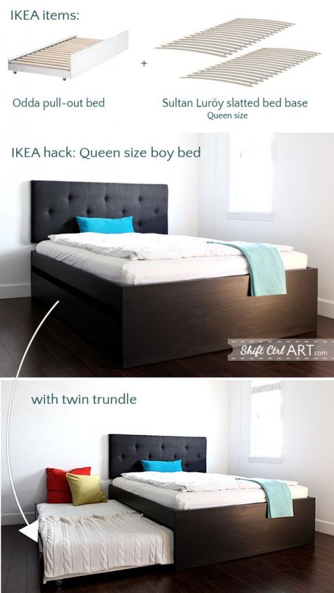 Ikea Hack Queen size bed with twin trundle, PERFECT for the Co-sleeping family.  Store the child's bed during the day or when they are not using it as much but still sneak in your room now and again.  Ikea Hack   LOVE THIS! Recipes Printables, Ikea Apartments, Murphy Bed Ikea, Modern Murphy Beds, Twin Trundle, Built In Bed, Murphy Bed Diy, Murphy Bed Plans, Ikea Bed