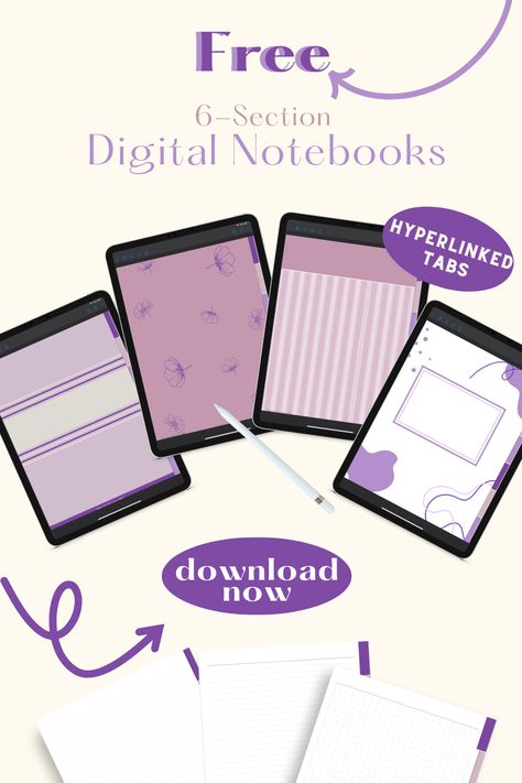 Keep a digital journal,  notes for home, school, or work, or get creative and doodle with these free digital notebooks! Created with lined, graph, and dotted pages, you can always duplicate them to add more room! Enjoy 6 hyperlinked tabbed sections for easy organization. Download your free digital notebooks now. Free Digital Notebook Goodnotes, Free Digital Notebook, Digital Notebook Paper, Plan For Success, Diary Template, Free Notebook, Notebook Templates, Journal Notes, Perfectly Organized