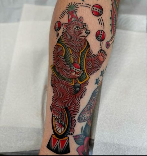 #circus #circusperformer #tattoo #tattoolife #tattooidea #tattooideasformen #tattooideasforwomen #tattoosociety #traditionaltattoo #americantraditionaltattoo #circustattoo. #AmericanTraditionalTattoo Circus Bear Tattoo, Circus Themed Tattoo, Clown Animal Tattoo, Traditional Circus Tattoo, Circus Tattoo Traditional, Circus Tattoos, Carnival Tattoo, Tattoo American Traditional, Leg Tats