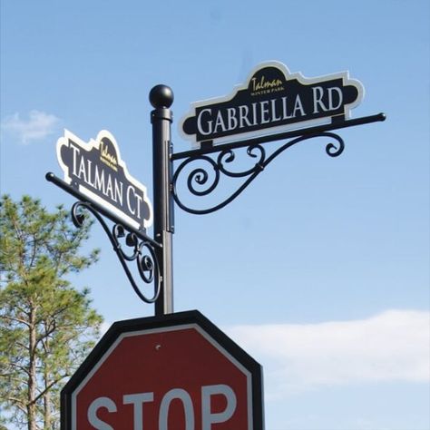 Street Sign Blades are available in standard sizes and custom lengths. A wide variety of colors and fonts are on hand to bring your street signs to life. We can even place logos and line art images on sign blades. These signs were created for Talman winter park.#streetsignage #streetscapes #signs #hoa #homeowners #streetsigns #speciallite Old Street Signs, Street Name Sign Aesthetic, Street Sign Logo, Street Sign Aesthetic, Street Sign Design, Neighborhood Signs, Standing Signage, Street Name Sign, Victorian Street