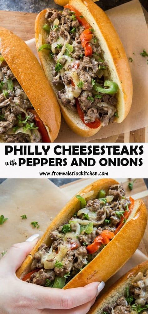 Philly Cheesesteak Recipe with Peppers and Onions | Valerie's Kitchen Steak Sandwich Recipes Philly Cheese, Steak Peppers And Onions Sandwich, Easy Cheesesteak Recipe, Steak And Pepper Sandwiches, Philly Cheese Steak Subs, Steak Subs Recipes Philly Cheese, Philly Cheese Steak Recipe Ideas, Peppers And Onions Recipes, Hoagie Recipes