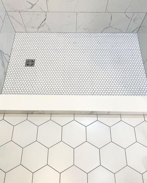 Large Hexagon Tile Shower Wall, Hexagon Tile Shower Wall, White Hexagon Tile Black Grout, Hexagon Tile Bathroom Shower Wall Tilebar, White Hexagon Tile Floor, Small Hexagon Shower Floor, White Hexagon Tile Bathroom Floor Shower Subway On Walls, Black Hexagon Floor, White Hexagon Shower Floor