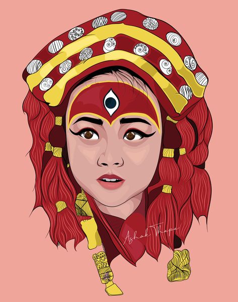 Kumari Goddess Drawing, Kumari Drawings, Nepali Drawing, Nepali Culture Art, Kumari Goddess Painting, Nepali Illustration, Nepal Illustration, Kumari Goddess, Air Photoshoot