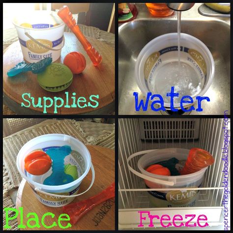 Here is a fun and easy project you can do to help keep you dog staying cool this summer.  All you need is an ice cream bucket, toys, water and a freezer. And you have the makings for a fun ice block that will keep your dogs cool while they have fun licking their toys free. Easy Enrichment For Dogs, Diy Dog Lick Mat, Diy Lick Mat For Dogs, Diy Lick Mat, Diy Enrichment Toys For Dogs, Doggie Playground, Mastador Dog, Koolie Dog, Ice Cream Bucket