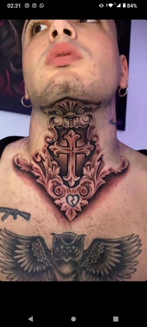 Jesus Neck Tattoo, Cross Throat Tattoo, Chicano Neck Tattoos, Full Neck Tattoos For Men, Throat Tattoo Men, Neck And Throat Tattoos Men, Front Neck Tattoo, Aztec Tattoos Sleeve, Full Neck Tattoos