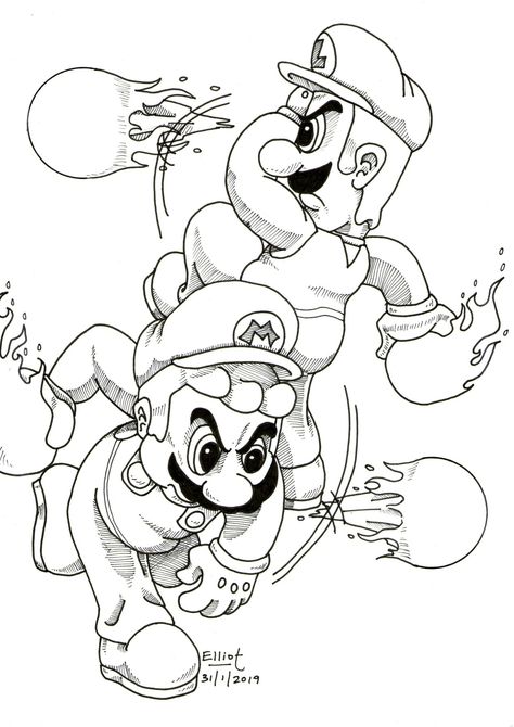 Mario & Luigi - Fire Suits by Elliot Mario And Luigi Tattoo Ideas, Mario Luigi Tattoo, Mario And Luigi Tattoo, Mario And Luigi Drawing, Pirate Tattoo Sketch, Luigi Drawing, Sketch Tips, Nintendo Tattoo, Sick Tattoos