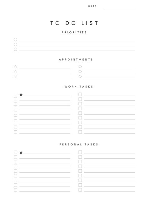 Printable to-do list template, daily priorities list, appointments, work tasks and personal tasks tracker. A4 format. Download pdf. To Do Template, Journaling Templates, To Do List Template, Priorities List, Work Task, List Template, To Do, To Do List