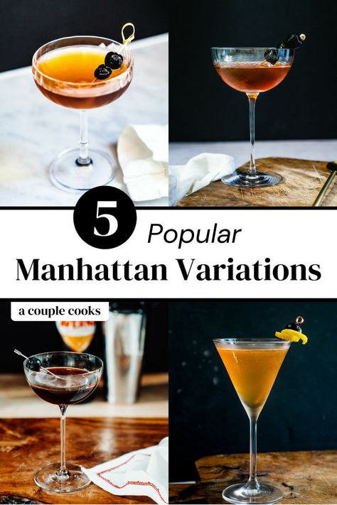 Here are the most popular Manhattan variations! Try them all, swapping out the rye whiskey for bourbon, Scotch, brandy and more. #manhattan #manhattanvariations #brooklyn #blackmanhattan #robroy #bourbonmanhattan Brandy Manhattan Recipe, Perfect Manhattan Cocktail, Cold Dip Recipes, Manhattan Recipe, Best Fish Recipes, Dip Recipes Appetizers, Winter Salad Recipes, Sweet Bourbon, Vintage Cocktails