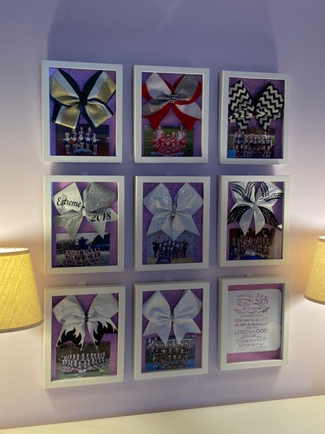 Use inexpensive shadow box frames from Michael’s, cheer bows, and team photos to create this cheer memories wall gallery. Simple Cheer Team Gifts, Display Cheer Bows, Made The Cheer Team Gift, Team Gift Ideas Cheer, Cheer Closet Organization, Cheer Storage Ideas, Signs For Cheer Competition, Cheer Showcase Gifts, Cheer Gift From Coach