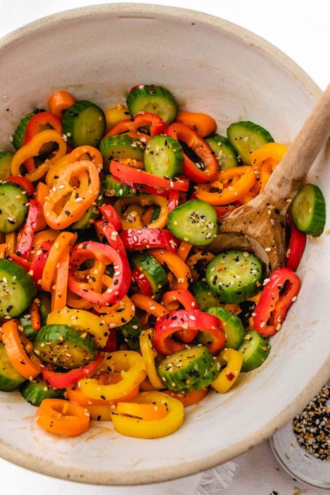 Viral TikTok Cucumber and Bell Pepper Salad Recipe | Healthy Little Peach Healthy Shelf Stable Snacks, Tiktok Salad, Tiktok Cucumber, Potluck Ideas For Work, Healthy Little Peach, Recipe Cucumber, Work Potluck, Bell Pepper Salad, Pepper Salad