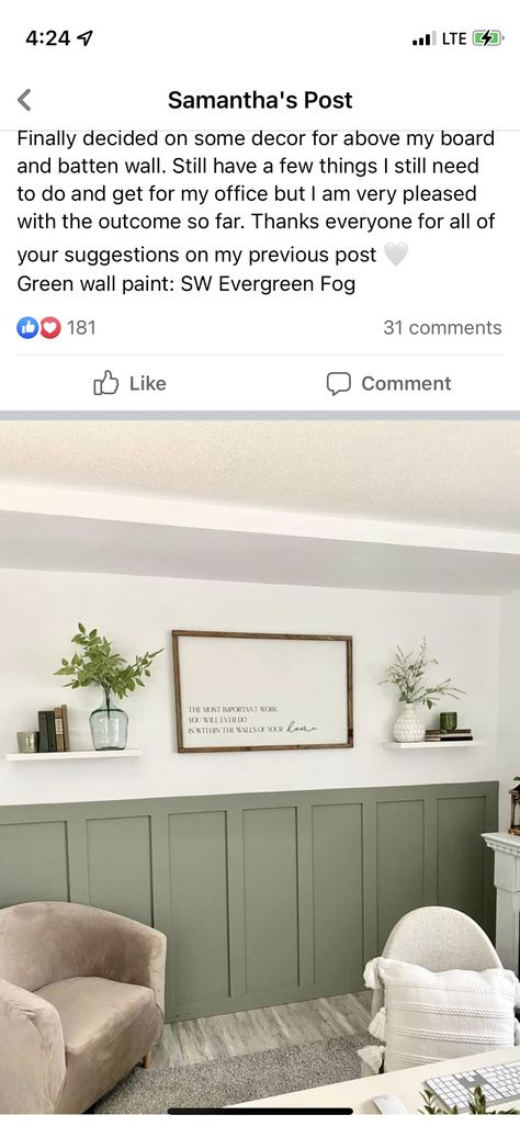 Half Green Accent Wall, White And Green Accent Wall, Boho Waynes Coating, Green Board And Batten Wall Living Room, Vertical Shiplap Office Wall, Farmhouse Living Room Accent Wall Color, Sage Green Batten Board, Sage Green Board And Batten Wall Bathroom, Board And Batten Nursery Accent Wall