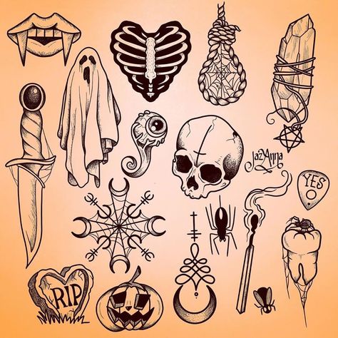 Halloween Based Tattoos, Halloween Line Art Tattoo, Dark Tattoo Flash Sheet, Halloween Tattoo Sheet, Halloween Flash Sale Tattoos, Patchwork Tattoo Ideas Halloween, Spooky Flash Art, Occult Flash Tattoo, Small Halloween Flash Tattoos