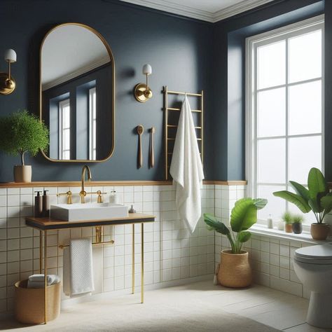 Navy Blue And Brushed Gold Bathroom, Blue White And Gold Bathroom Ideas, Navy Master Bath Ideas, Navy Kids Bathroom, Navy Wall Bathroom, Dark Blue Master Bath, Navy Blue Gold Bathroom, Navy And Beige Bathroom, Navy Blue Master Bath