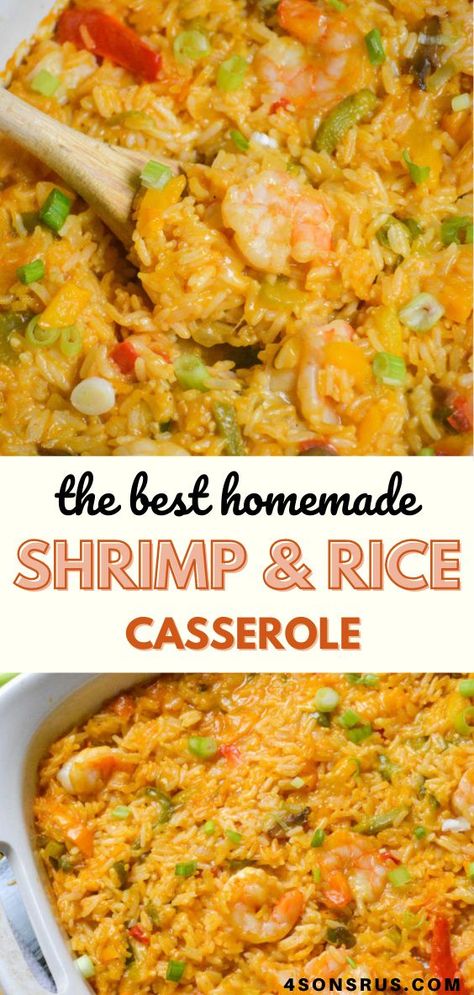 Shrimp and rice casserole has a spicy southern, Cajun flavor your whole family will enjoy. It is perfect for an easy weeknight dinner and easily doubles for your next gathering. Shrimp Cornbread Casserole, Old Bay Shrimp Casserole, Easy Shrimp And Rice Recipes Quick, Cajun Shrimp Casserole, Shrimp And Wild Rice Casserole, Shrimp Rice Bake, Fancy Shrimp Casserole, Seafood And Rice Casserole Recipes, Shrimp And Rice Casserole Recipes Easy