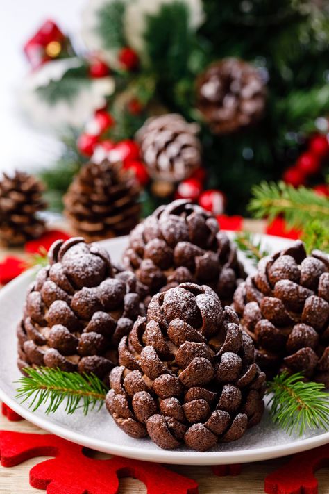 Edible Chocolate Pinecones (Christmas Dessert Idea) - Miss Wish Edible Chocolate Pinecones, Christmas Dessert Fruit, Chocolate Pine Cones, Pinecone Dessert, Pinecone Truffles, Christmas Mini Desserts, Edible Pinecones, Christmas Theme Food, Christmas Edible Gifts