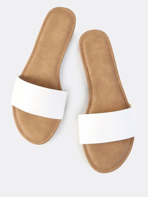 Shop Faux Leather Slip On Sandals WHITE online. SheIn offers Faux Leather Slip On Sandals WHITE & more to fit your fashionable needs. Heel Sandals Outfit, Price Shoes, Toe Post Sandals, Sandals Outfit, Fashion Slippers, Studded Heels, Sandals White, Slip On Sandals, Girly Shoes