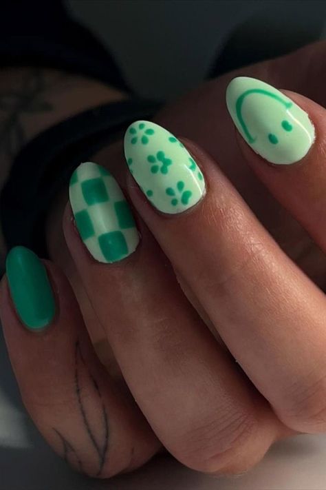 "This post contains affiliate links. I may earn a commission at no extra cost to you." Cute Nails St Patricks Day, Fake Nail Design Ideas, St Patrick’s Day Nails Checkered, Light Green Checkered Nails, Neon Green Checkered Nails, Neon Mint Nails, Simple Nail Ideas Green, Bright Green Nails Ideas, Smiley Face And Checkered Nails