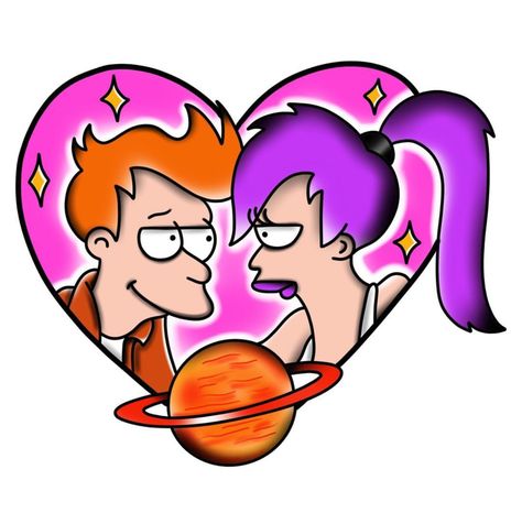 Fry & Leela, Futurama Futurama Valentines, Fry Futurama Tattoo, Fry And Leela Tattoo, Futurama Painting, Futurama Drawing, Fry And Leela, Futurama Robot, Futurama Tattoo, Leela Futurama