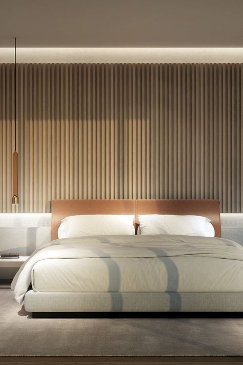 Pure and authentic design, reflecting the essence of sophisticated living. Wooden Wall Design, Suite Master, Zen Home Decor, Mid Century Modern Bedroom, Slatted Headboard, Bedroom Layouts, Main Bedroom, Elle Decor, Decoration Design