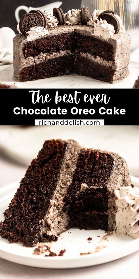 This decadent and moist chocolate Oreo cake features rich chocolate cake layers frosted in luscious Oreo buttercream frosting. Oreo Layer Cake Recipe, Oreo Cake With Cream Cheese Frosting, Oreo Chocolate Cake Recipe, Oreo Birthday Cake Ideas, Chocolate Layered Cake, Oreo Buttercream Frosting, Oreo Chocolate Cake, Oreo Cakes, Oreo Cake Recipe