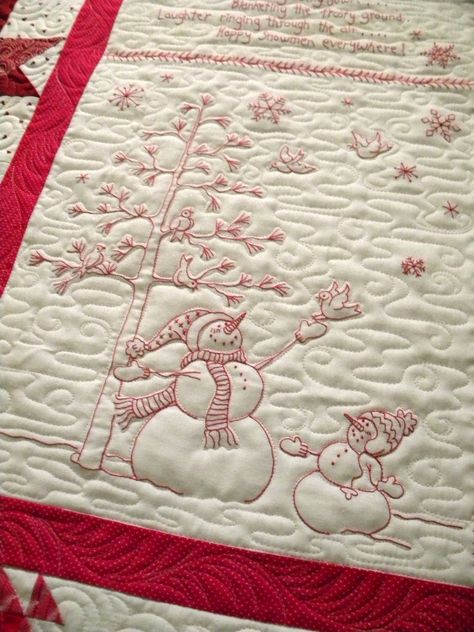 Winter+Wonderland+Quilt+Embroidery | winter wonderland quilt is marcella s these are always fun to quilt ... Snowman Quilt, Machine Quilting Patterns, Machine Quilting Designs, Redwork Embroidery, Embroidered Quilts, Holiday Quilts, Quilted Table, Quilt Stitching, Quilting Techniques