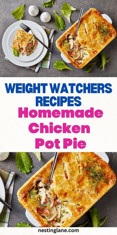 Graphic for Pinterest of Homemade Weight Watchers Chicken Pot Pie Recipe. Ww Chicken Pot Pie Recipe, Weight Watchers Chicken Breast Recipes, Weight Watchers Chicken Pot Pie, Weight Watchers Chicken Breast, Chicken Pie Recipes, Flavorful Chicken Breast Recipes, Weight Watchers Meals Dinner, High Protein Chicken, Chicken Pie Recipe