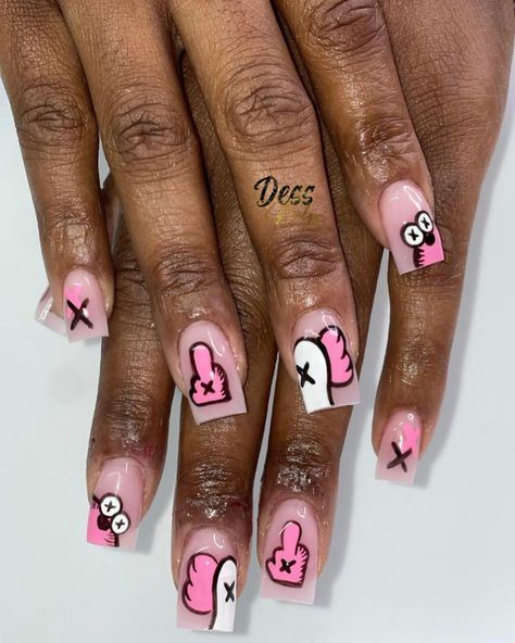 Kaws Nails Design Short, Kaws Background, Kaws Nails Short, Short Acrylic Nails Blue, Kaw Nails, Kaws Nails, Shorties Nails, Graffiti Nails, Hard Nails