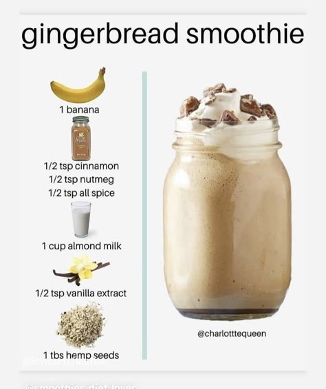 Gingerbread Smoothie, Christmas Smoothies, Healthy Gingerbread, Fruit Smoothie Recipes Healthy, Recipes Healthy Breakfast, Vegan Fast Food, Smoothie Recipes Healthy Breakfast, Drink Recipes Nonalcoholic, Smoothie Drink Recipes