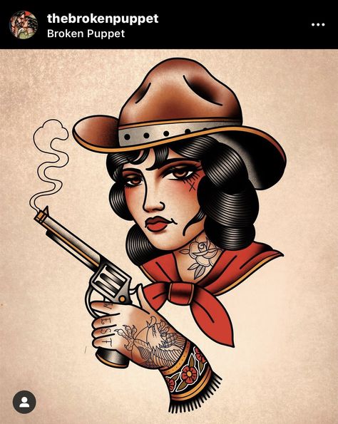 Neotraditional Cowgirl Tattoo, Traditional Cowgirl Tattoo Flash, Old School Cowgirl Tattoo, Traditional Gunslinger Tattoo, Neo Traditional Cowgirl Tattoo, Vaquera Tattoo, Western Cowgirl Tattoo, American Traditional Girl Tattoo, Traditional Tattoo Cowgirl