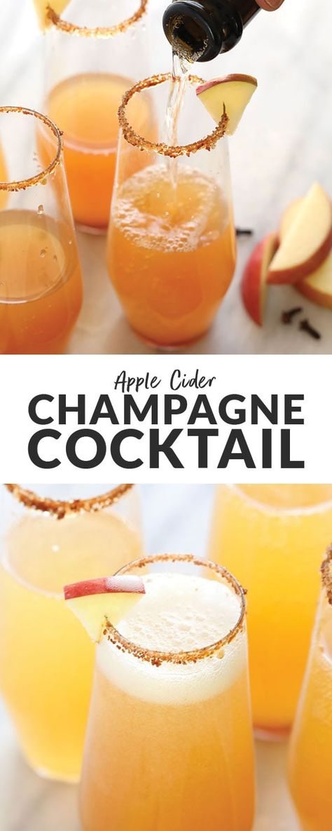 Champagne Cocktails Easy, Apple Cider Champagne, Apple Cider Mimosa Recipe, Cold Apple Cider, Homemade Cider, Cider Mimosas, Apple Cider Mimosa, Apple Cider Cocktail, Fit Foodie Finds