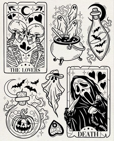 Flash Tattoo Horror, Spooky Tattoo Designs, Halloween Flash Tattoo, Spooky Flash, Halloween Tattoo Flash, Pumpkin Tattoo, Tarot Tattoo, Ghost Tattoo, Skeleton Tattoos