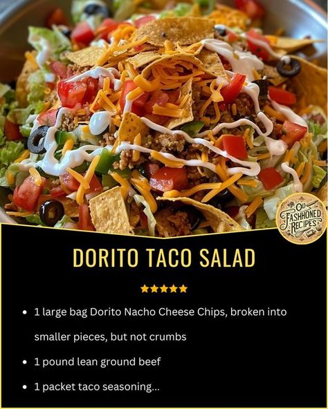 Easy Recipes - Dorito Taco Salad Ingredients 1 large bag... Dorito Taco Salad, Dorito Taco, Taco Salad Ingredients, Taco Salad Recipes, Cheese Chips, Nacho Cheese, Taco Salad, Old Fashioned Recipes, Salad Ingredients