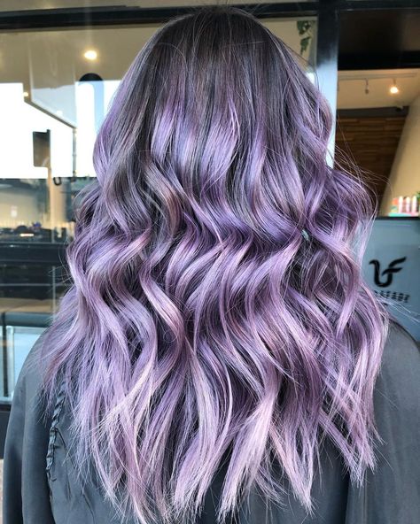 Brunette Lilac Hair, Purple Balayage Brunette, Brown To Lavender Balayage, Dusty Purple Highlights, Dark Blonde Lavender Hair, Dusty Lavender Hair Brunette, Purple Balayage, Lavender Hair Colors, Baylage Hair