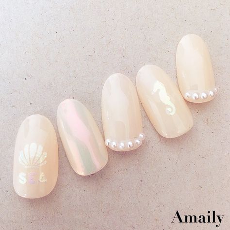 shell nail Oyster Nails, Sea Shell Nails, Shell Nails, Sea Nails, Nails Summer, Sea Shell, Japanese Style, Fashion Nails, My Nails