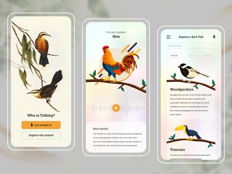 Birds Chirping App Design by CMARIX TechnoLabs Tools: AdobePhotoshop, Adobe Illustrator App Design Trends, Dashboard App, Bird App, Birds Chirping, Admin Dashboard, Search Page, Mood Board Inspiration, Kids App, App Ui Design