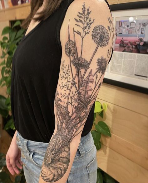 Woodland Tattoo Ideas, Woodland Tattoos, Woodland Tattoo Sleeve, Nature Sleeve, Botanical Tattoos, Fern Tattoo, Ancient Tattoo, Plant Tattoo, Botanical Tattoo